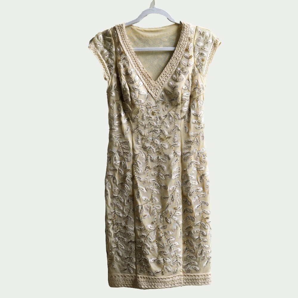 Sue Wong Cream Gold Silver Beaded Sequin Dress